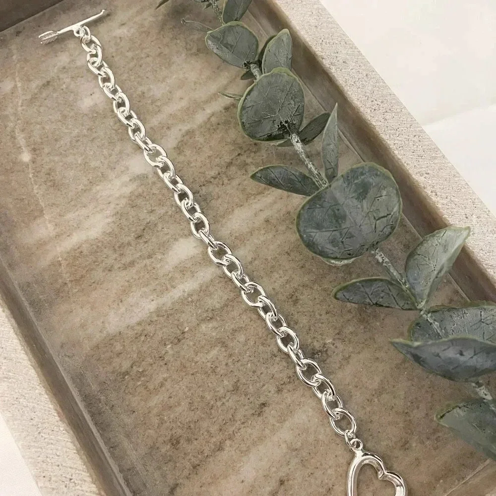 925 Sterling Silver Chunky Heart & Arrow Toggle Bracelet Chain Link Bracelet